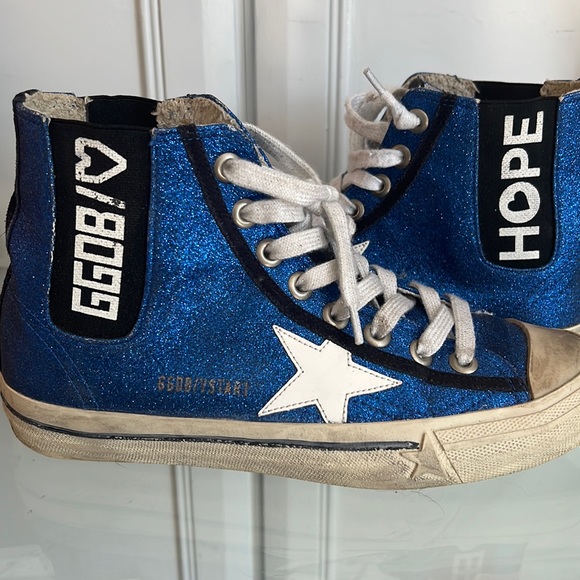 GOLDEN GOOSE HIGH TOP V STAR 1 BLUE GLITTER COATED SNEAKERS Size 39 (EUC) - Picture 1 of 8